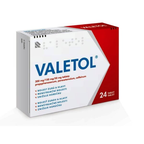 Valetol is a combination medication used primarily for the relief of headaches, migraines, and muscle pain. It typically combines a pain reliever (analgesic), an anti-inflammatory, and sometimes a muscle relaxant or other agents to help alleviate pain and reduce associated symptoms like inflammation.