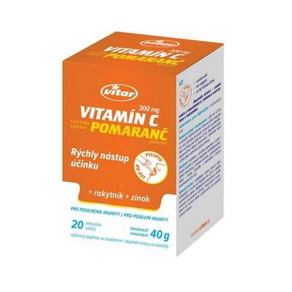 Vitar Vitamin C 300mg + Sea Buckthorn + Zinc 20x2g – a supplement providing 300mg of vitamin C per sachet, combined with sea buckthorn and zinc to support immune health, skin, and overall well-being.