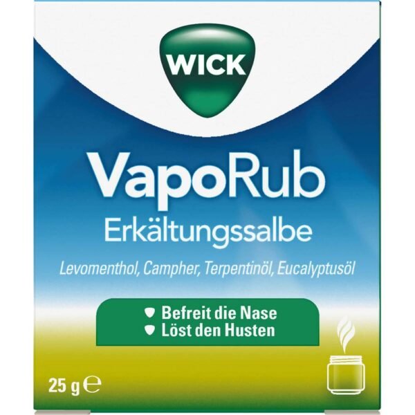 Wick VapoRub 25g  is an ointment used to relieve symptoms of colds, nasal congestion, cough, and other respiratory diseases.
